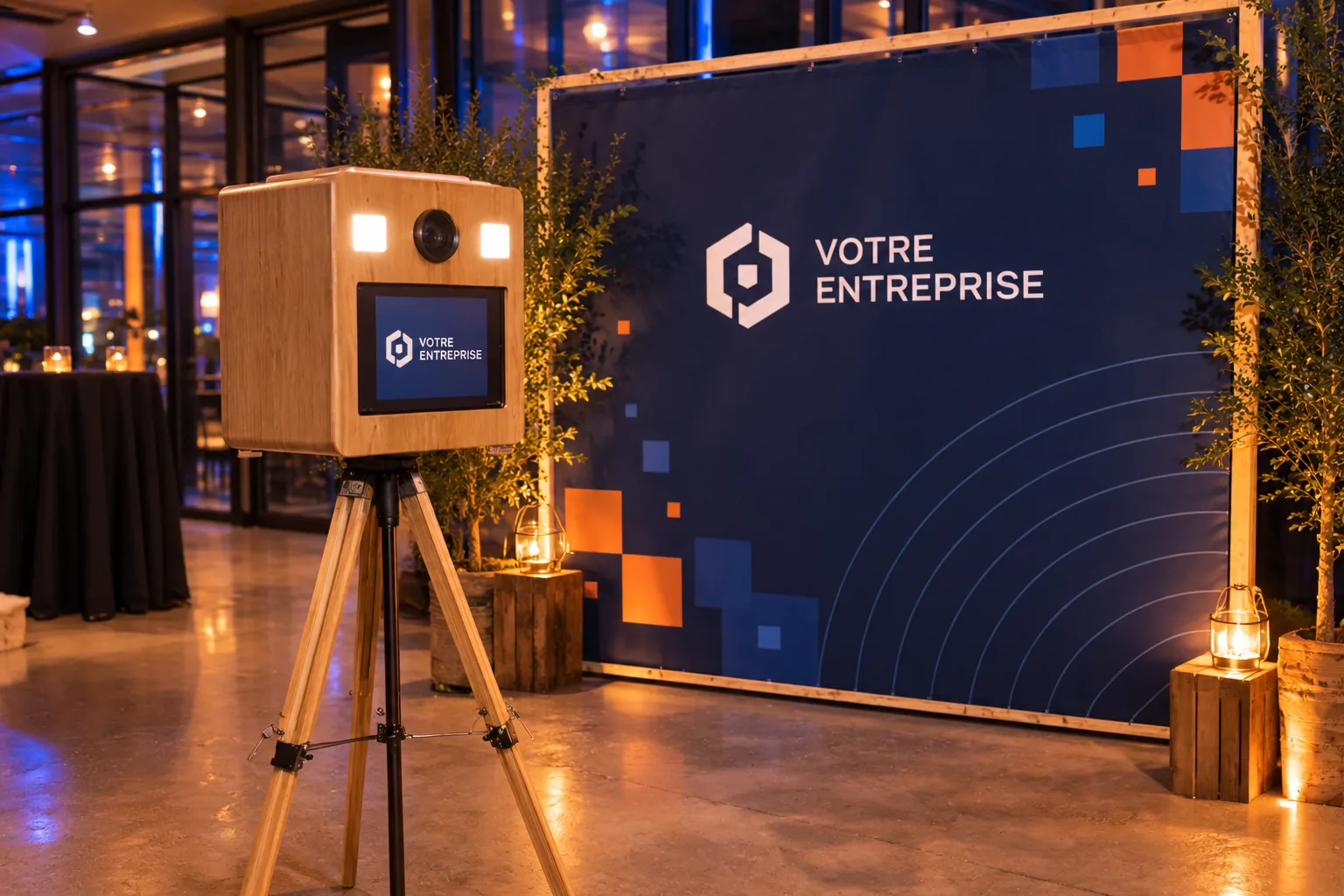 Borne photobooth en bois devant une bâche photocall personnalisée aux couleurs d'une entreprise